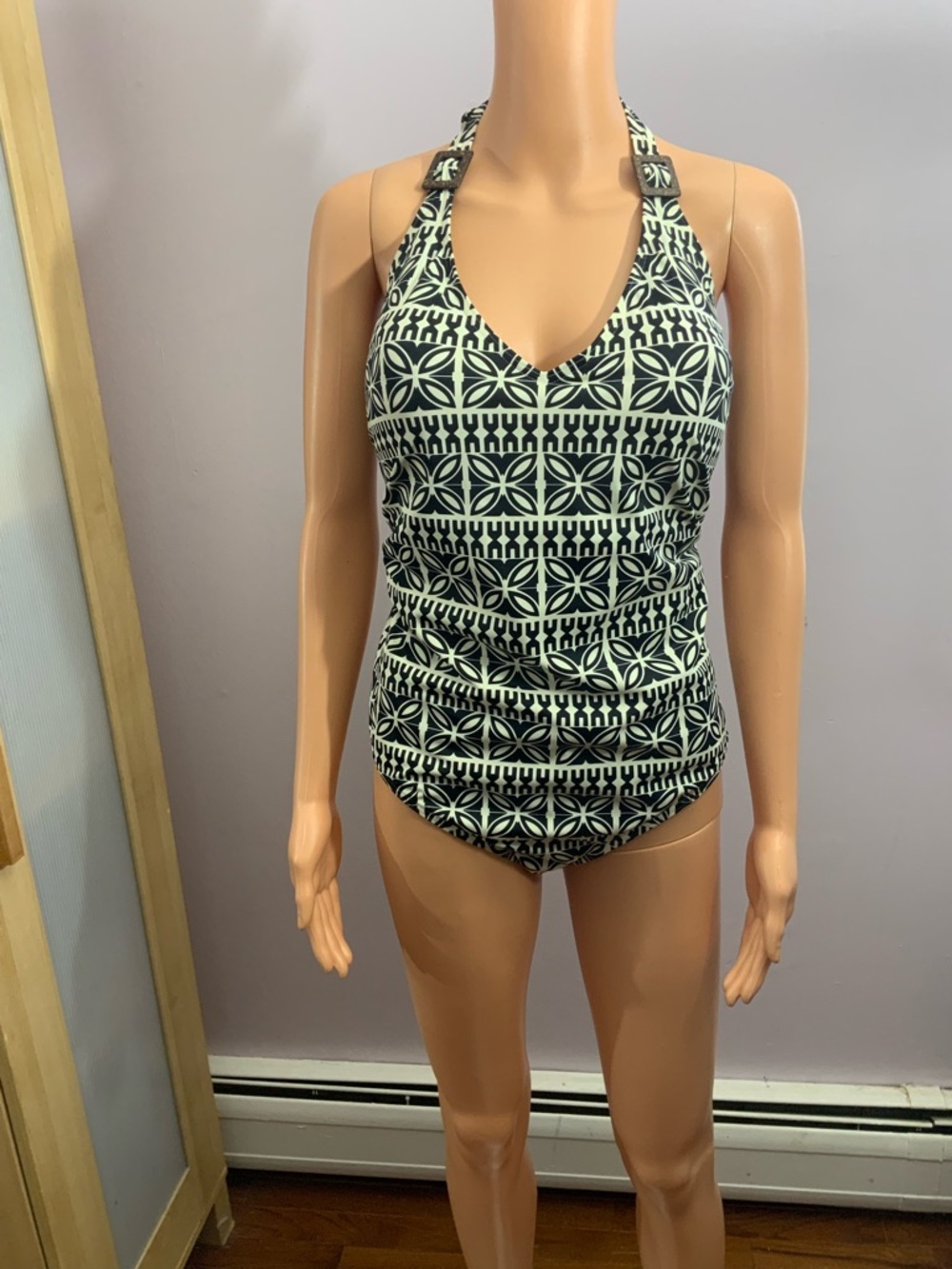 Lands' End Black and Cream Geometric Halter One-Piece Swimsuit